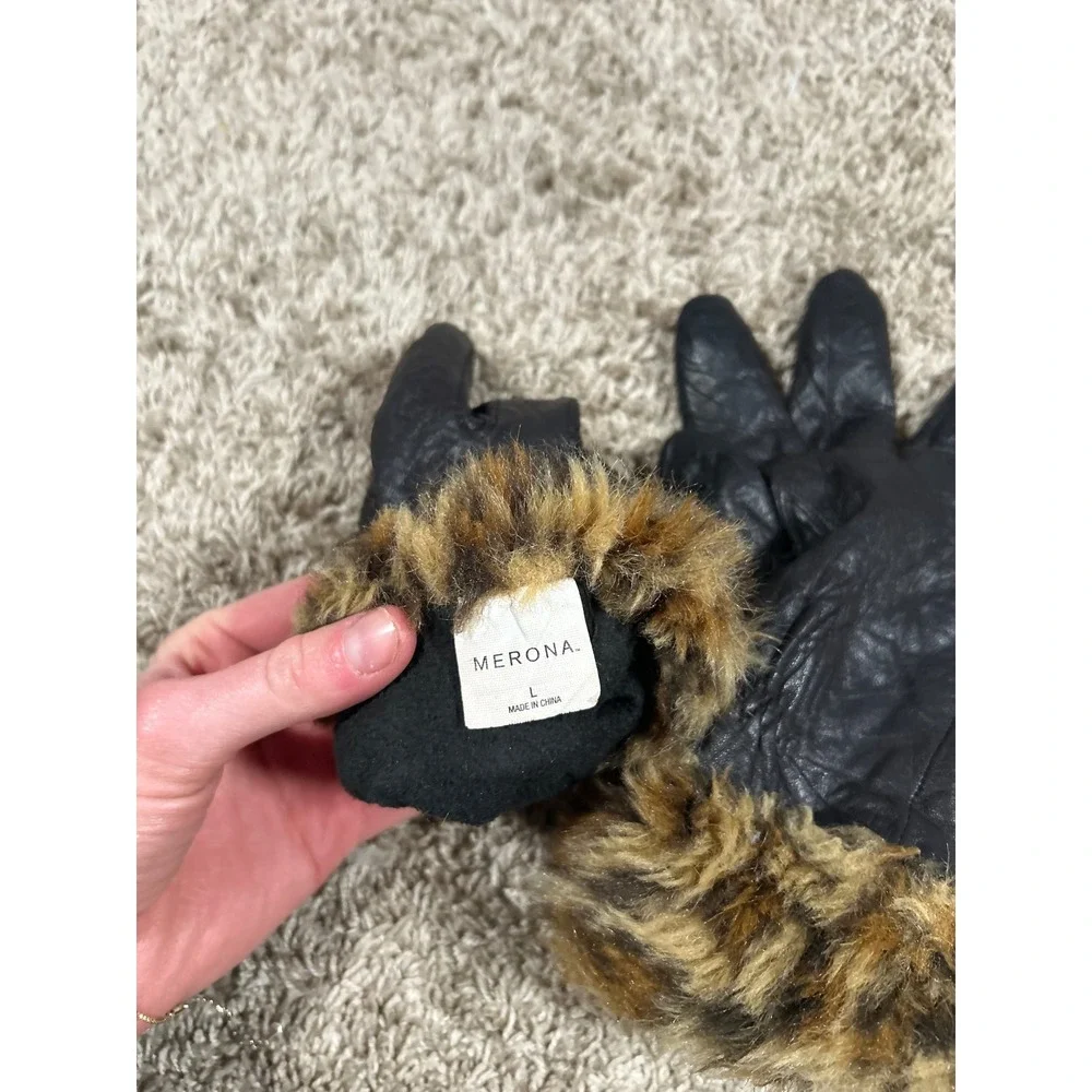Merona Womens Black Leather Gloves Leopard Faux Fur Cuff Mob‎ Wife Chic Luxury